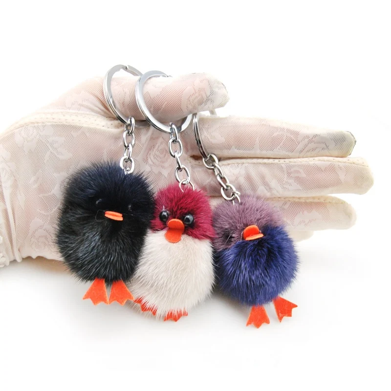 Porte-clé Pompon en fourrure de vison véritable pour femme, accessoire mignon, peluche de canard, jouet poupée, bibelot