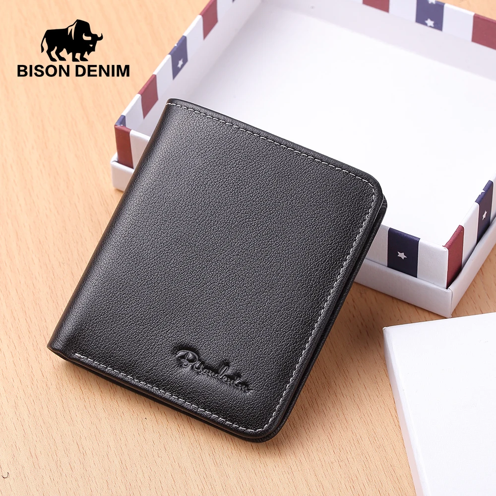 BISON DENIM Men Wallets Black Genuine Leather Purse For Men Business Card Holder Men's Wallet Mini N4429 BISON DENIM Men Wallets Black Genuine Leather Purse For Men Business Card Holder Men's Wallet Mini N4429