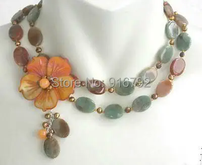 

YH@CS >>Amazing Agate&Golden Shell Flower Clasp & Pearl Necklace 18-19"