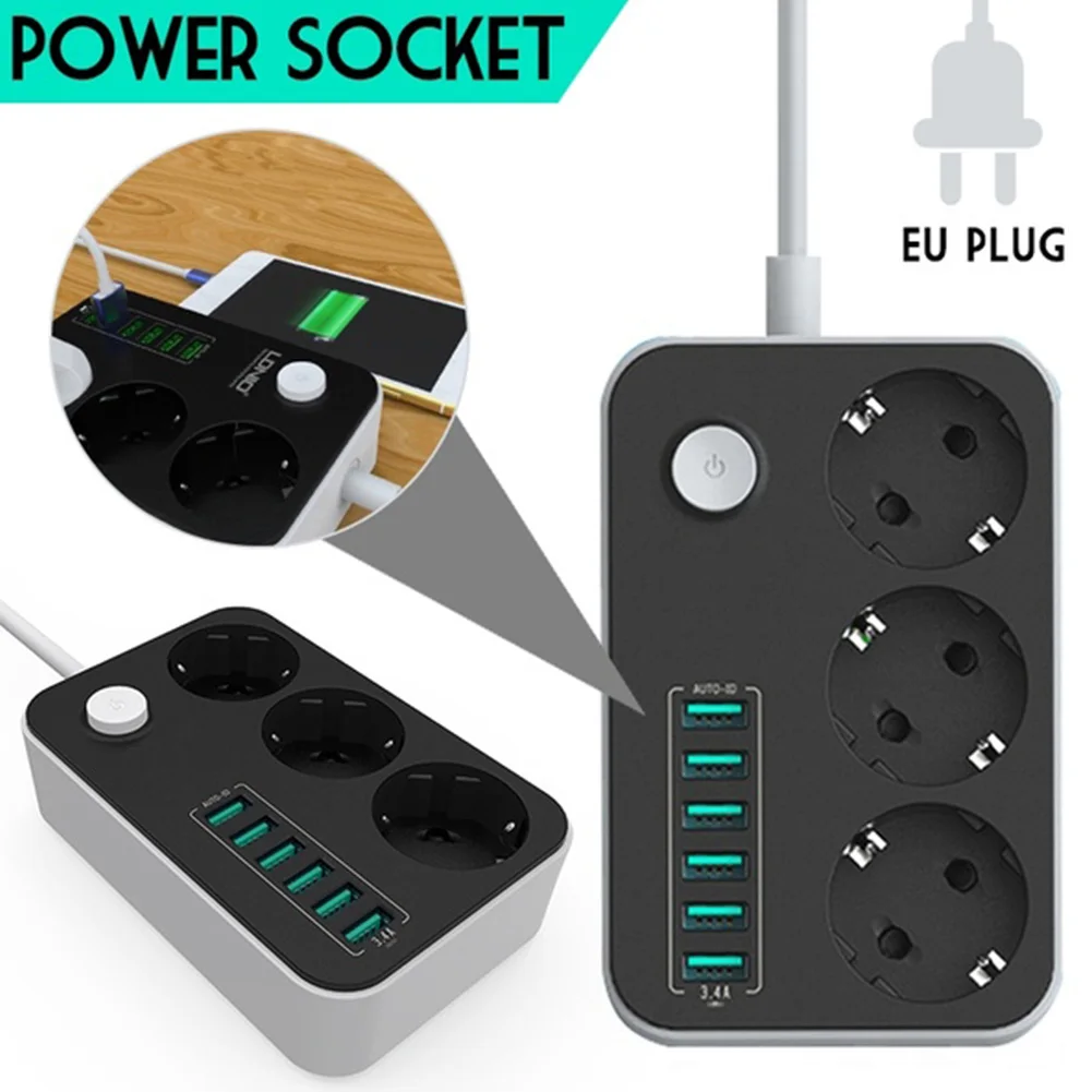 

2500W 10A Surge Protection Charging Ports EU Plug Extension Charger Power Strips Socket Household 6 USB Ports