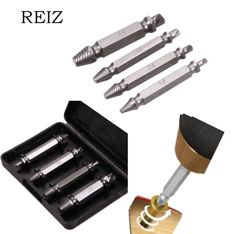 1REIZ 4PCSSet Double Side Damaged Screw Extractor Drill Bits Remover Bolt Stud Tool Wholesale Price Screw Extractor Tool Kit