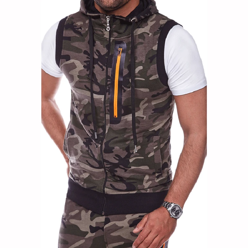 

Hot Sale Summer Hoodie Vest Men's Casual Camouflage Print Hooded Sleeveless Top Vest Zipper Spring Male Sweatshirt Men MY077