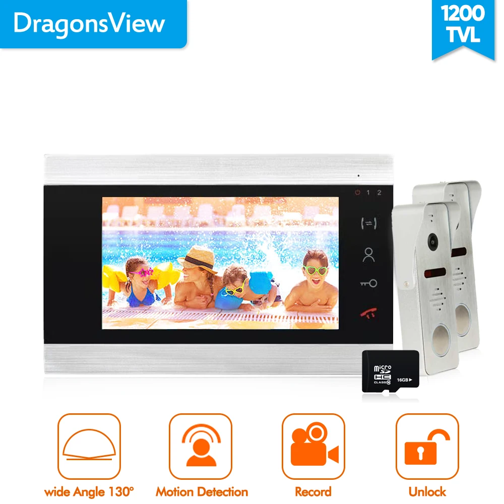 

Dragonsview 7 Inch Home Intercom System Video Door Phone Doorbell Wide Angle 2.mm Lens Record Unlock 2 Wired Doorbell Camera