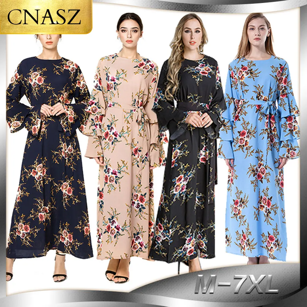 

2019 Fashion Women Muslim Dress O Neck Long Plus Size 7XL Floral Dress Islamic Saudi Arabia Dresses Abaya Turkish Dubai Dress
