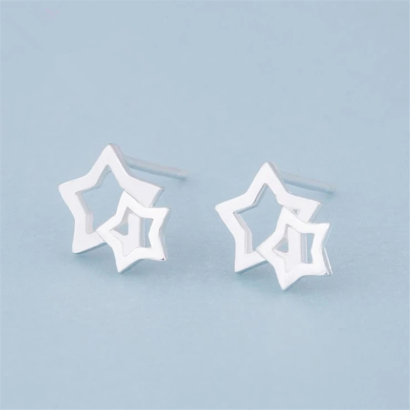 

ONEVAN New Fashion Double Star Stud Earrings for Women 925 Sterling Silver Small Ear Studs Earring Jewelry Girls Gift Brincos