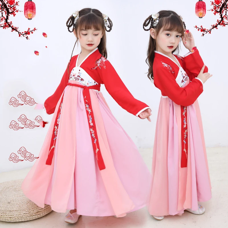 

Red Hanfu Children Long Sleeve Classical Dance Costume Chinese Traditional Hanfu Fairy Dress Stage Wear Costume For Kids SL1086