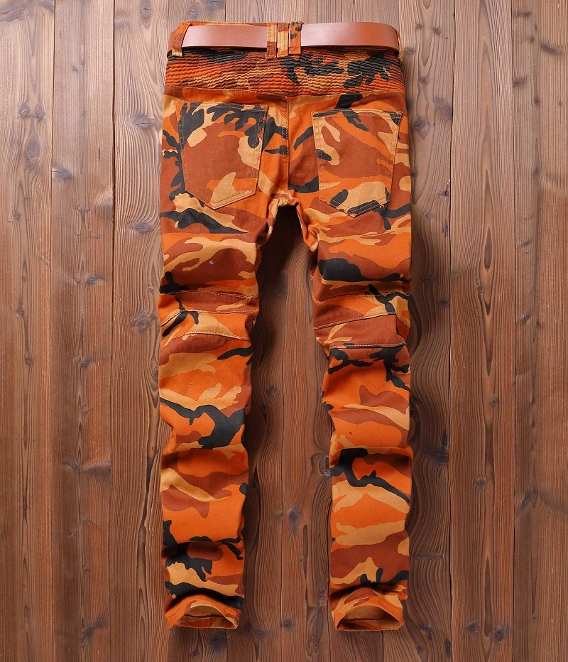 Мужские камуфляжные оранжевые байкерские джинсовые брюки мотоциклетные камуфляжные облегающие крутой модный дизайн тонкие армейские хип хоп джинсовые брюки