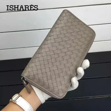 ISHARES classic Sheepskin weave women purse genuine leather long zipper handmade woven lambskin wallets lady long purse IS1316