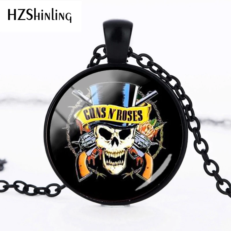 

2019 Hot Fashion Rock Band Guns N Roses Art Picture Necklace Gothic Punk Glass Dome Necklace Black Silver Pendant Jewelry