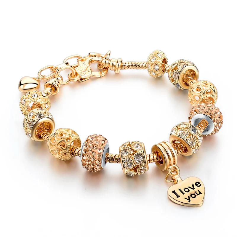 Vintage Heart Pendant Bracelet For Women 2016 Love Gold Charms Handmade Bracelets Bangles Crystal Beads Diy Jewelry Sbr160067