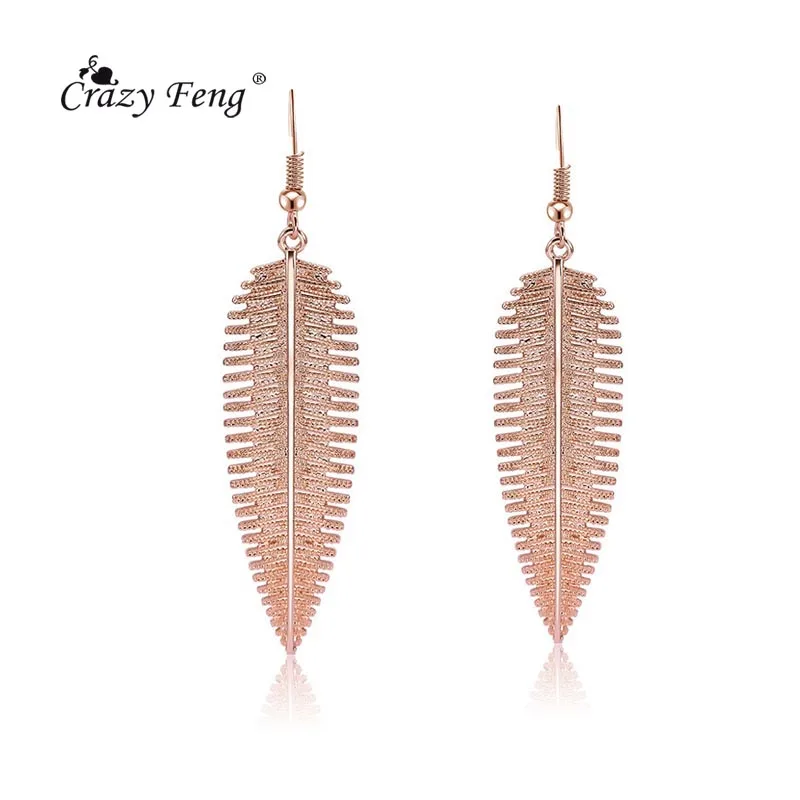 

Crazy Feng New Exggerated Designs Fashion Leaf Feather Dangle Earrings Rose Gold Color Long Pendientes Earrings For Women Bijoux