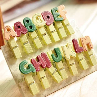 

14pcs Creative Decorative Small Wooden Clip Letters Wood Paper Clips DIY Color Cute Cartoon Mini Small Letter Alphabet Clips