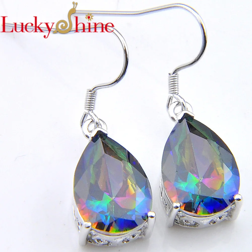 Luckyshine Jewelry Fire Water Drop Rainbow Mystic Created Stone Silver Plated Zirconia Earrings Russia USA Australia | Украшения и