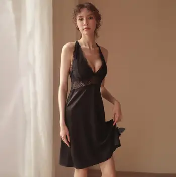 

Sexy Lace Night Dress Sleeveless Nighties Satin Faux Silk Nightgown Sleepwear Nightwear Women Nightshirt sleepwear dress