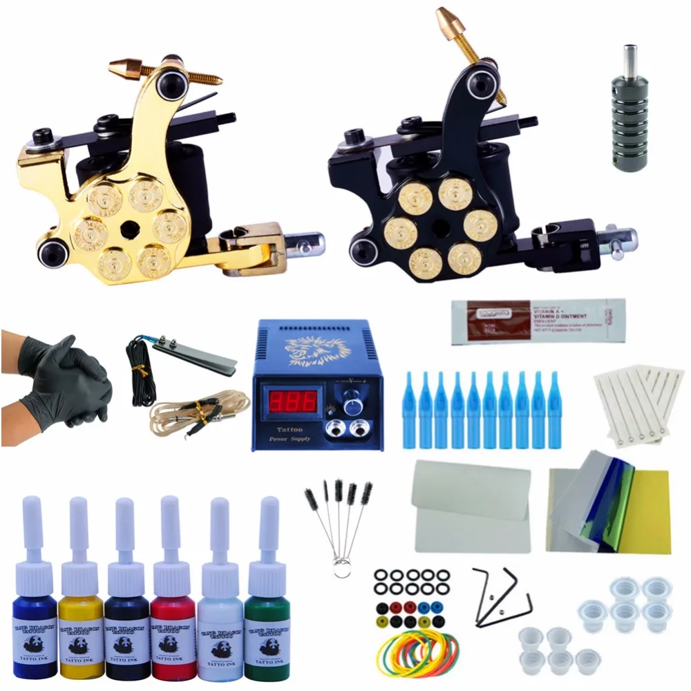 

Complete Tattoo Machine Kit Set 2 Coils Guns 6 Colors Pigment Sets Power Tattoo Beginner Grips Kits Permanent Makeup