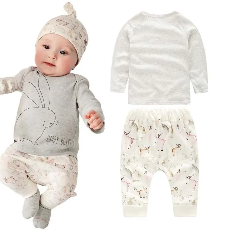 Комплект одежды из 3 предметов для новорожденных хлопковая одежда комплект одежды для маленьких мальчиков и девочек, топ с длинными рукавами+ штаны+ шапка