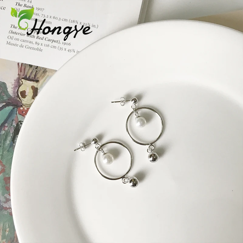 

Hongye Trendy Drop Earrings for Women Big Circle Hollow Girls Chic Hanging Earrings Sterling Silver 925 Ear Jewelry Shell Pearl
