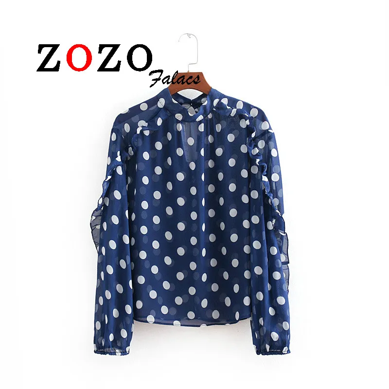 Falacs Zozo Spring Autumn Office Lady Sexy Vintage Fashion Formal Chiffon Ruffles Polka Dot Blue Women Blouses Shirts Blusas |