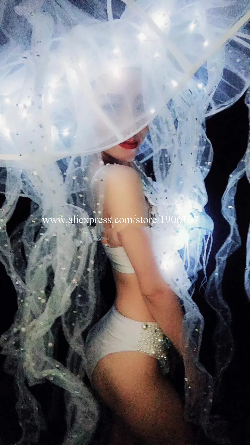 Nightclub bar new LED luminous jellyfish bikini set gogo stage DS costume white suit7
