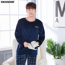 Повседневные фланелевые пижамные комплекты в клетку для мужчин Зимняя Толстая теплая Коралловая бархатная пижама с длинным рукавом Мужская домашняя одежда для дома