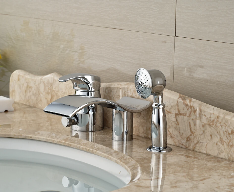 

Luxury Bathroom Basin Deck Mounted Sink Faucet Waterfall Mixer tap With Hand Shower Chrome Finished