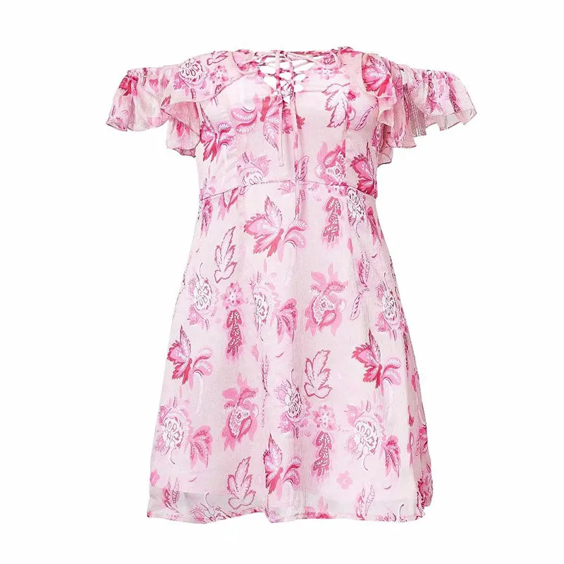 Red Off Shoulder Summer Dress Short Sleeve 2018 Floral Sexy Women Dress V neck Lace Up Elegant Boho Vestidos 8