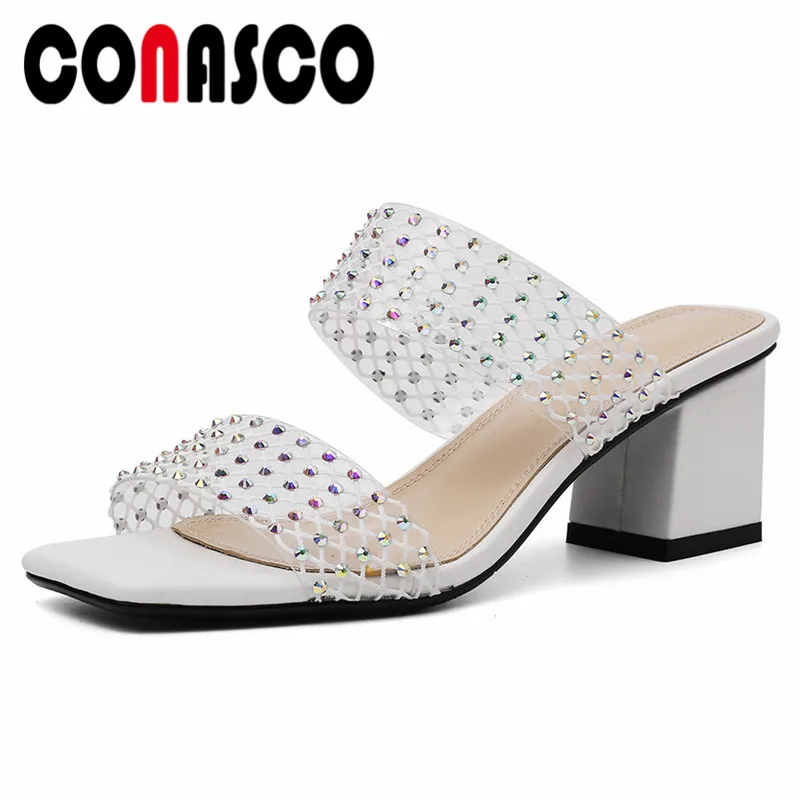 

CONASCO 2019 New Summer Fashion Concise Square Toe High Heels Party Casual Shoes Woman Blingbling Slip On Rome Women Sandals