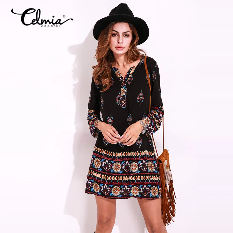 Rétro Style ethnique Mini robe été 2021 décontracté à manches longues col en V fleurs imprimer plage robes de grande taille femmes vêtements