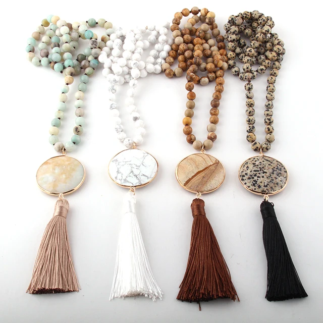 Fashion Bohemian Jewelry Semi Precious Stones Long Knotted Matching Stone Links Tassel Necklaces For Women