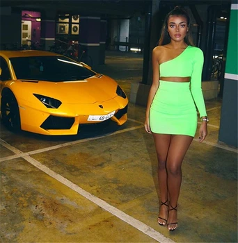 

Fashion Women 2 Piece Sets Sexy One Shoulder Bodycon Two Piece One Shoulder Crop Top and Skirt Set Bandage Club Party Dress