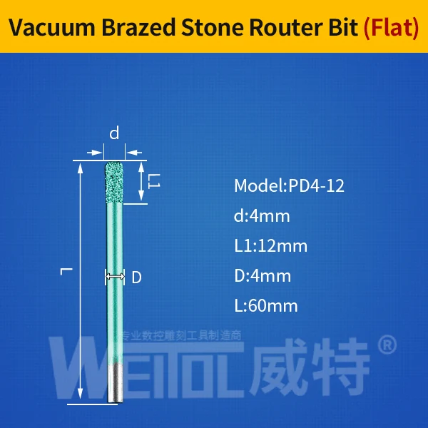 WeiTol плоская головка вакуумной пайки Камень Гравировальные биты мраморные режущие биты Долбление камень Фрезерный резак песчаник с ЧПУ Инструменты - Длина режущей кромки: PD4-12