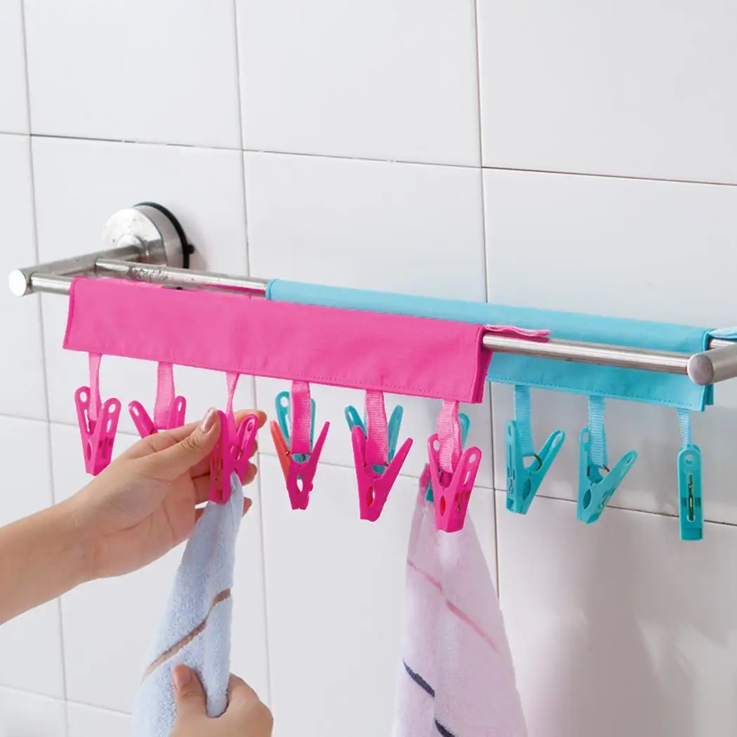

6 Clips Portable Bathroom Towel Holder Travel Hanger Rose Red, Blue Foldable Clothes Rack
