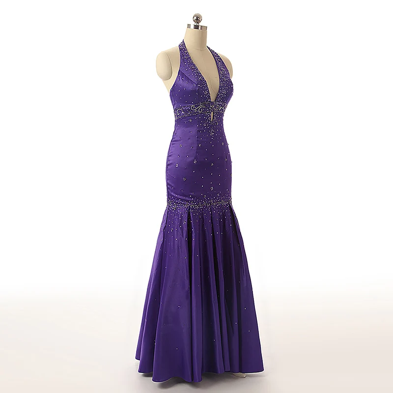 Дешевые вечерние платья длинные фиолетовые V образным вырезом атласные с бусинами кристаллами блестками без рукавов Формальное платье для выпускного вечера vestido de festa SLD176