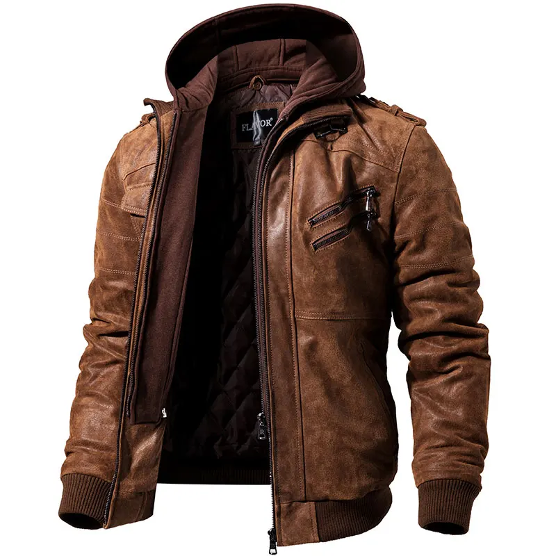 Men's Real Leather Motorcycle jacket Removable Hood winter coat Men ...