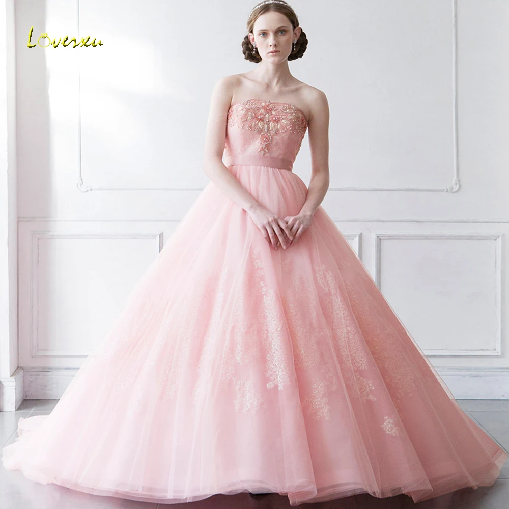 Loverxu вечернее платье без бретелей розовые платья Quinceanera аппликации Бисероплетение без рукавов со шнуровкой развертки Поезд выпускного вечера вечерние платья большого размера