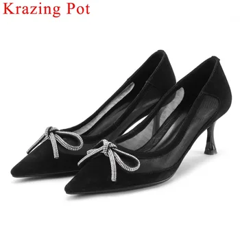 

Krazing Pot natural leather high heels pointed toe pretty girls dress clubwear slip on crystal butterfly-knot women pumps L33