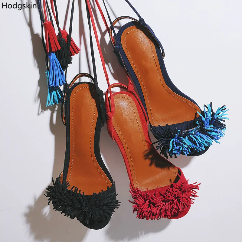 

Sandales Femme 2018 Nouveau Blue Nude Suede Fringed Lace Up Sandals Women Chunky High Heels Real Leather Gladiator Women Shoes