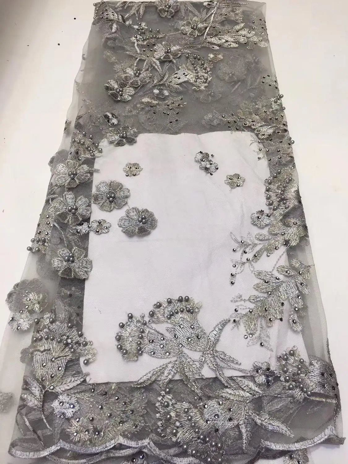 

French lace fabric 5yds/pce grey embroidery beaded mesh fabrics women gorgeous luxury party event dress 2019 new high quality