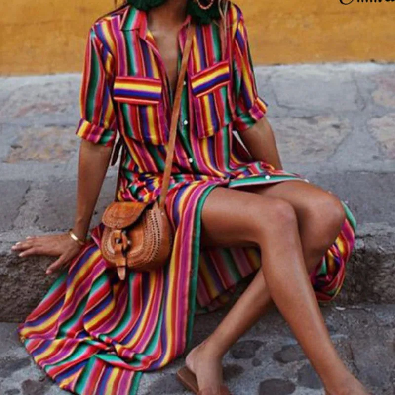 Short  Sleeve Shirt Dress High Slit 2019 Summer Striped Casual Loose Beach Dresses Button Packet Maxi Party Dress