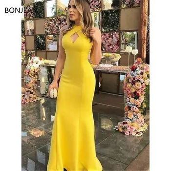 

Satin Mermaid Fashion Long Prom Dresses Sheath Sleeveless Halter Floor-Length Ruffles Formal Fancy Evening Dress Gowns 2019
