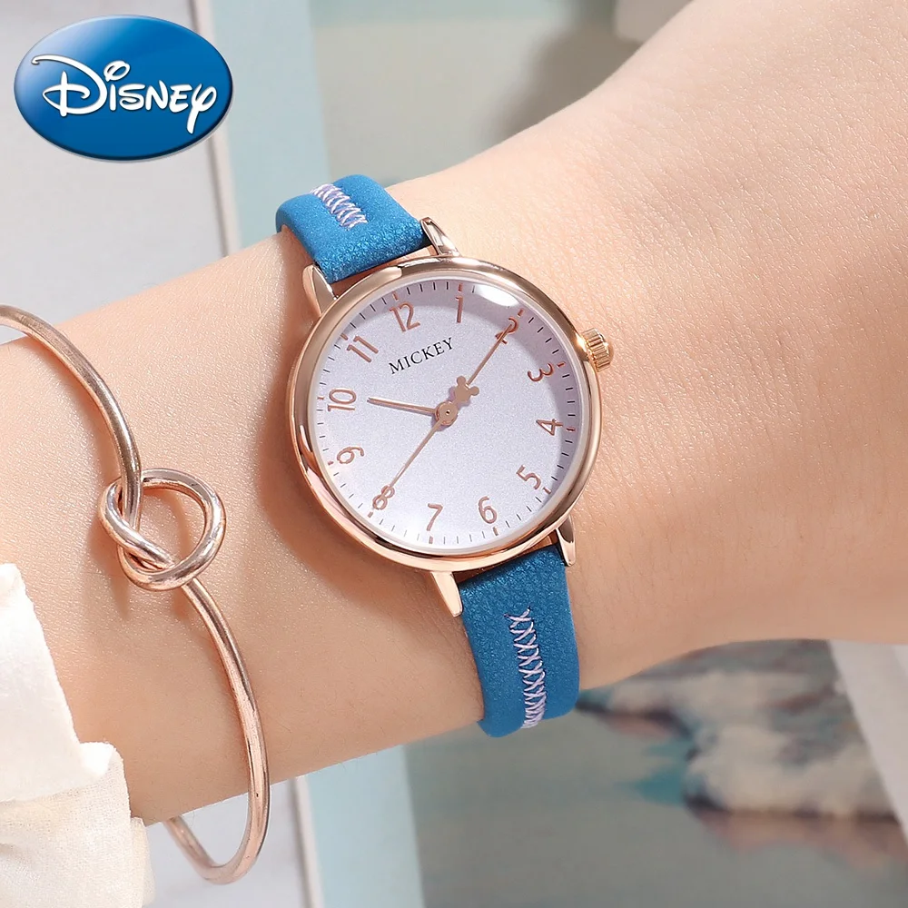 

Mickey Mouse Girls Fashion Trendy Genuine Leather Strap Quartz Watch Waterproof Women's Original Disney Watches Round Red Clock