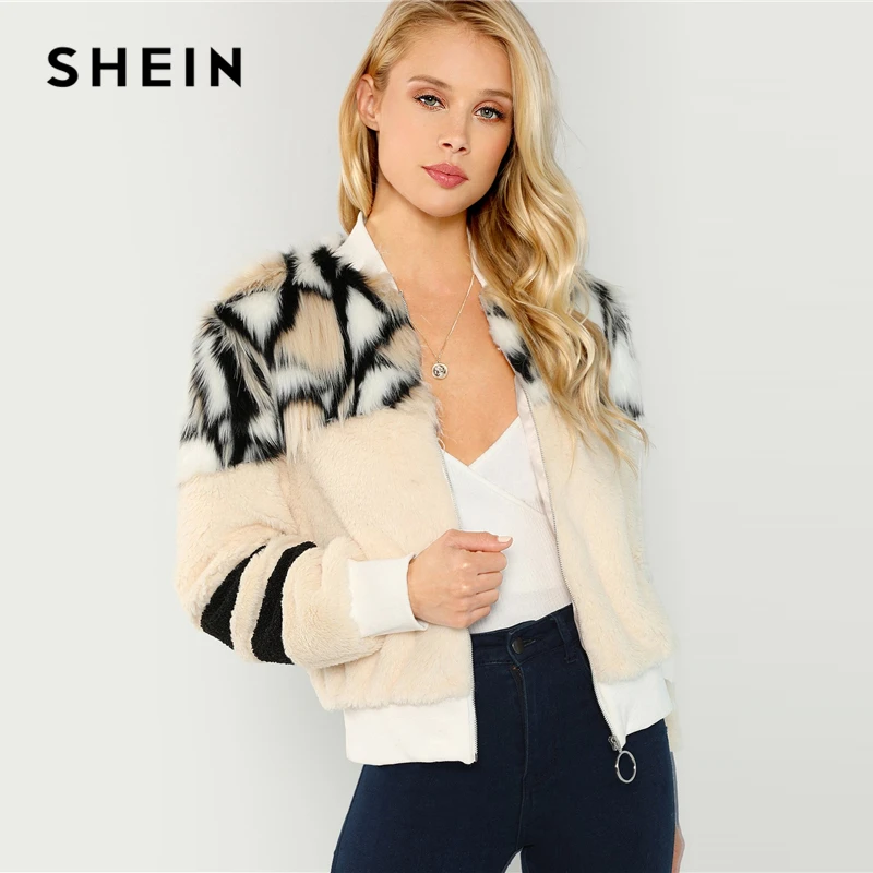 SHEIN Куртка Из Эко Меха На Молнии Стильная Куртка С Животным Принтом Укороченная Куртка