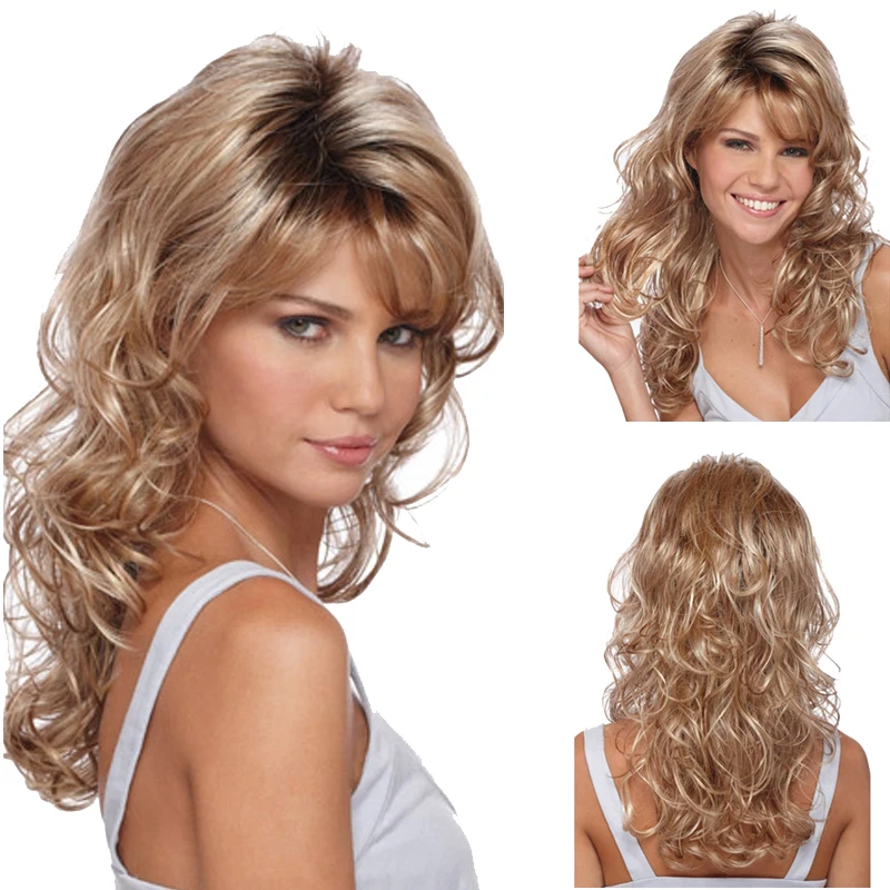 fashion brown blond wig cosplay long curly blonde wig synthetic wigs heat resistant with highlights ombre cheap wigs for women 