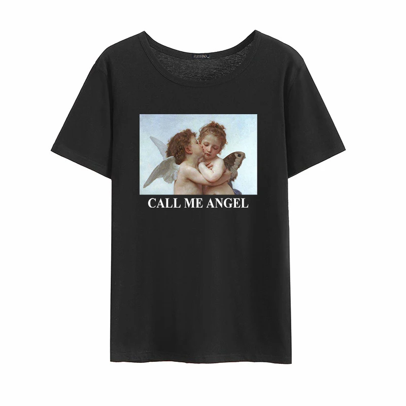 CALL MY ANGEL, летние женские винтажные Топы с коротким рукавом, с мультяшными буквами, Harajuku, свободные топы с коротким рукавом, большие размеры, S-2XL, Повседневная рубашка - Цвет: black