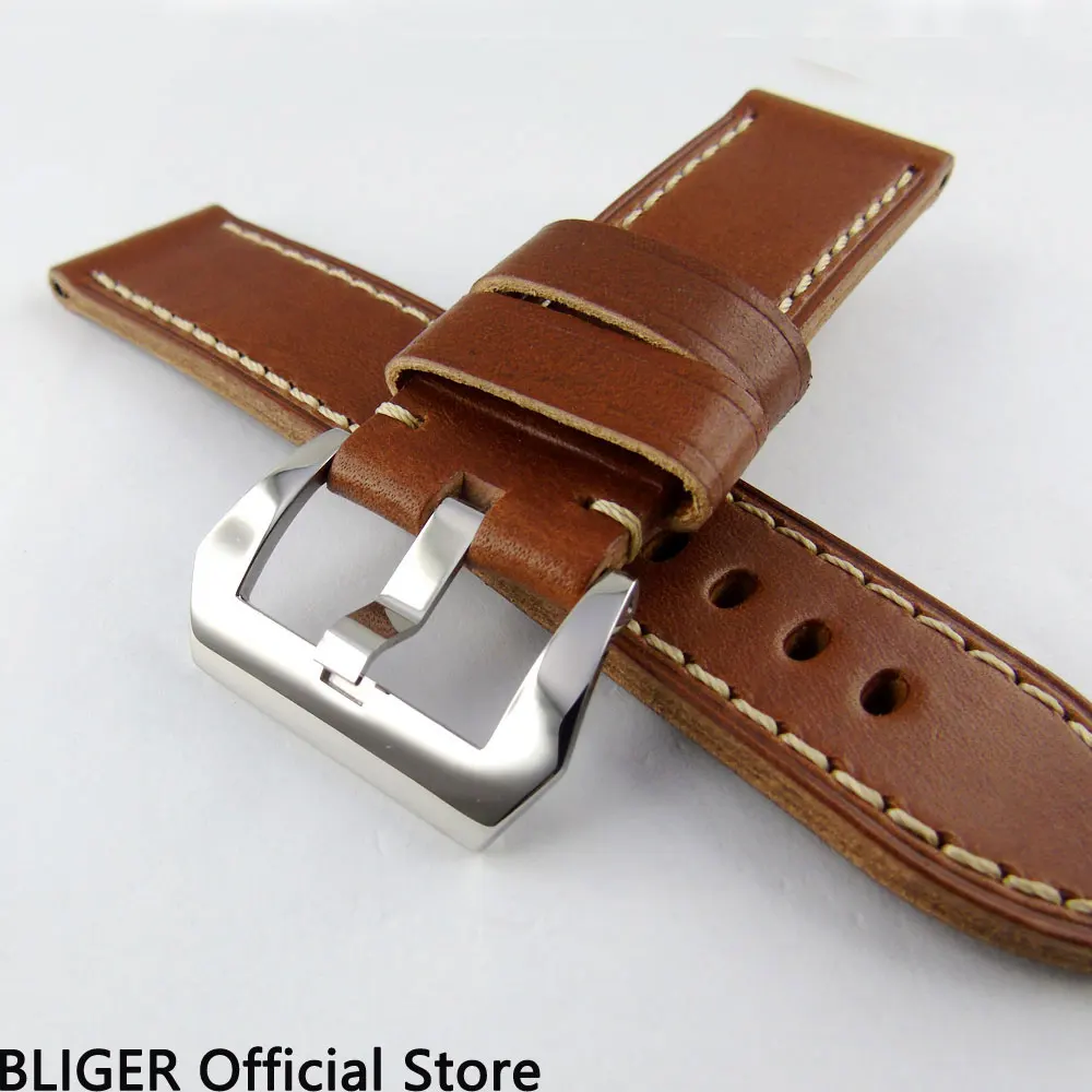 Bliger 22mm Brown Genuine Leather Strap Stainless Steel Buckle Pin