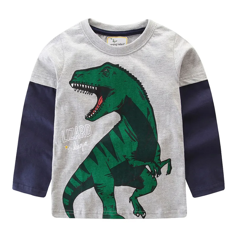 Jumping/Детские футболки для мальчиков; хлопковые топы с изображением животных и динозавров; осенние детские футболки с принтом; футболки с круглым вырезом для малышей; топы для мальчиков; футболки - Цвет: T7730 grey dinosaur