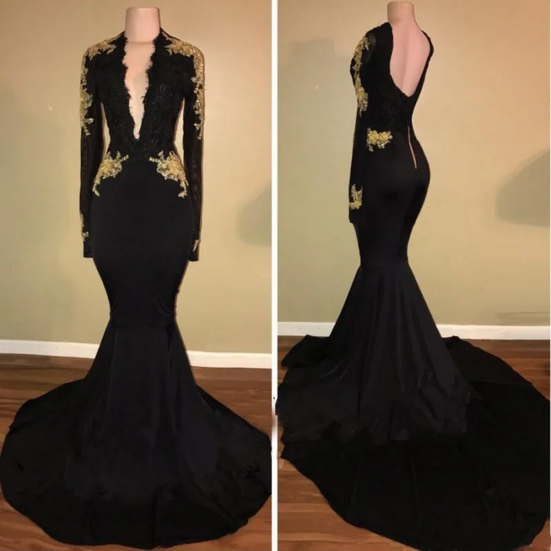 Long Sleeves Mermaid Prom Dresses 2019 Backless with Gold Appliques Real Photos Evening Party Gowns for African Black Girls | Свадьбы и