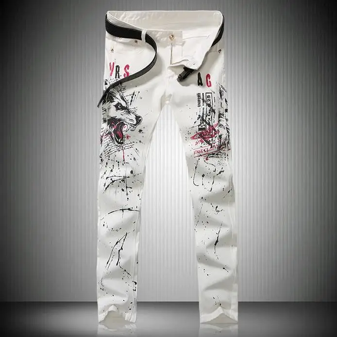 

White autumn england straight print mens jeans haren pant pencil slim man trousers fancy personalized fashion designer street