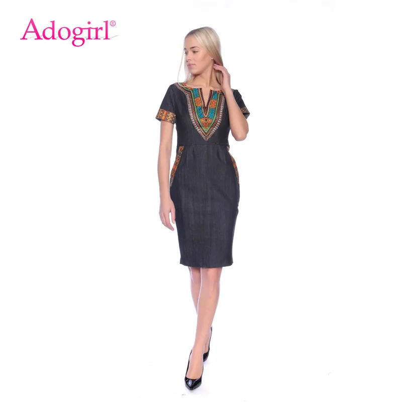 Adogirl Ethnic Style Plus Size Jeans Dress Sexy V Neck Short Sleeve Pockets Midi Pencil Women Summer Dresses Vestidos | Женская одежда