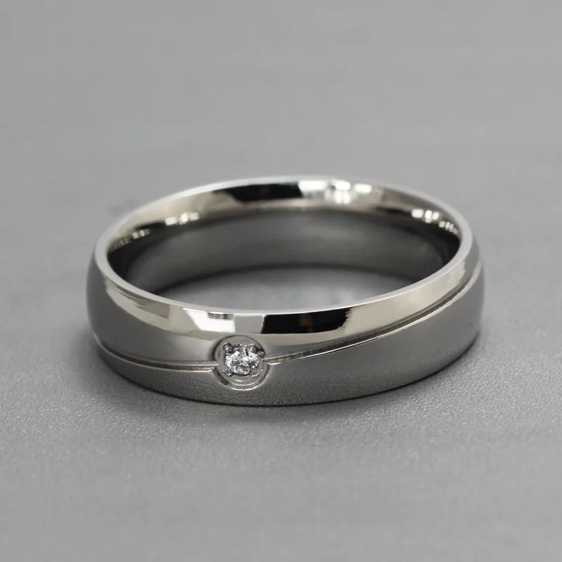 Stainless Steel Burnish-Set Band Ring with Clear CZ